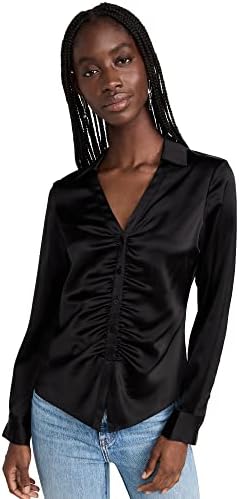 Theory womens Tie-neck Raglan Top in Silk Crinkle Blouse, Black